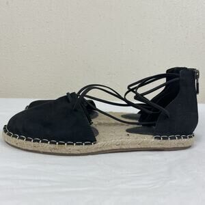 Eileen Fisher Strappy Espadrille Flat Sandals Size 7 Black Suede Quiet Luxury